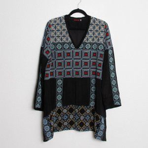 Johnny Was Geometric Embroidered Tunic Top Black XL